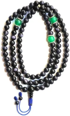 Natural Blue Sun Stone, green jade 8mm 108 Mala Beads, Spiritual, Meditation Beads, Reiki, Japa Mala, Buddhist Prayer Beads, Yoga Bracelet, healing beads LKMALA-RRGU-932, 34 inch