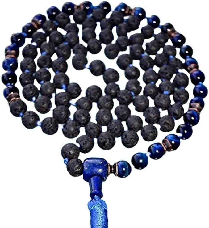 Natural Blue Tiger eye, lava 8mm 108 Mala Beads, Spiritual, Meditation Beads, Reiki, Japa Mala, Buddhist Prayer Beads, Yoga Bracelet, healing beads LKMALA-RRGU-1788
