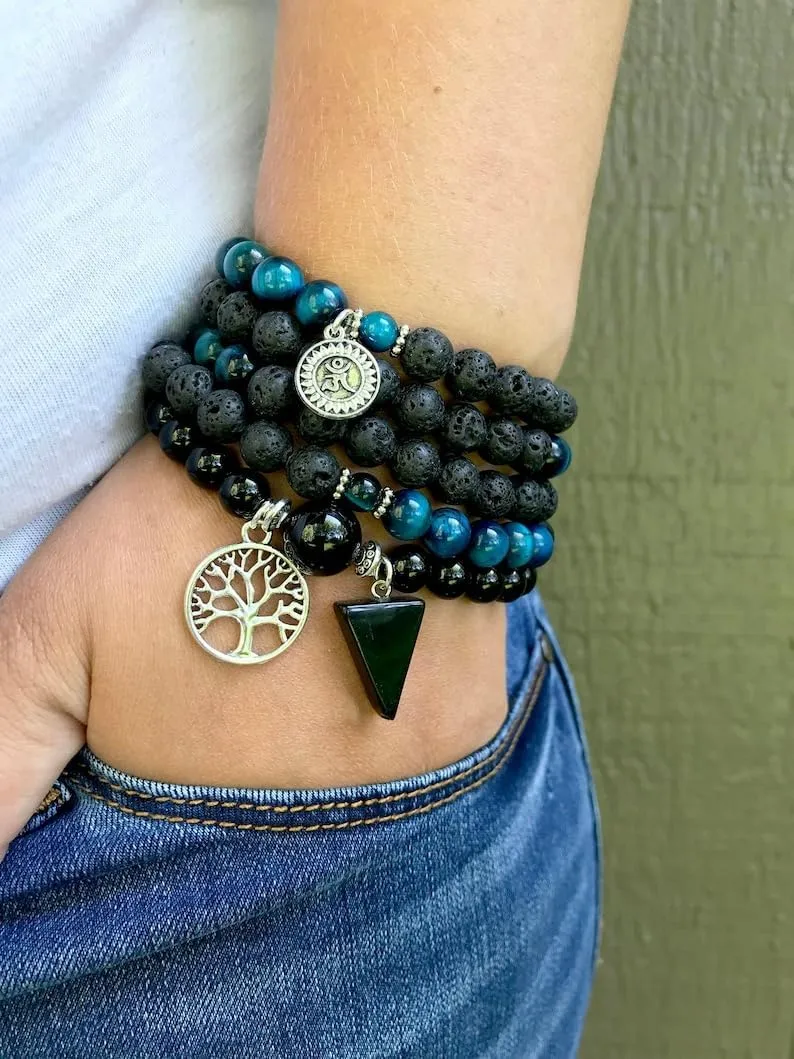 Natural Blue Tiger Eye, Onyx and Lava rock 8mm 108 Mala Beads, Spiritual, Meditation Beads, Reiki, Japa Mala, Buddhist Prayer Beads, Yoga Bracelet, healing beads LKMALA-RRGU-1272