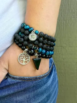 Natural Blue Tiger Eye, Onyx and Lava rock 8mm 108 Mala Beads, Spiritual, Meditation Beads, Reiki, Japa Mala, Buddhist Prayer Beads, Yoga Bracelet, healing beads LKMALA-RRGU-1272