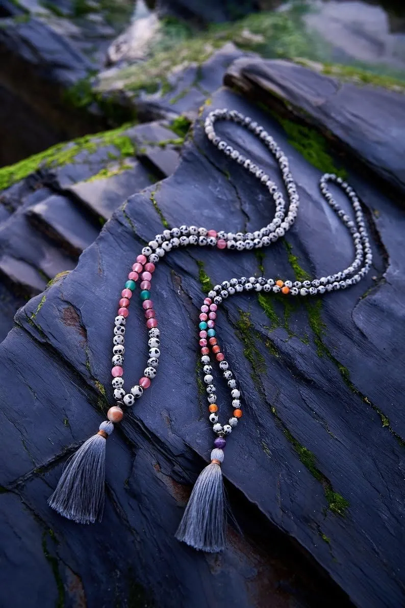 Natural Dalmatian jasper   Agate   Amethyst 6mm 108 Mala Beads, Spiritual, Meditation Beads, Reiki, Japa Mala, Buddhist Prayer Beads, Yoga Bracelet, healing beads LKMALA-RRGU-576