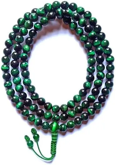 Natural Green Tiger-Eye 8mm 108 Mala Beads, Spiritual, Meditation Beads, Reiki, Japa Mala, Buddhist Prayer Beads, Yoga Bracelet, healing beads LKMALA-RRGU-661
