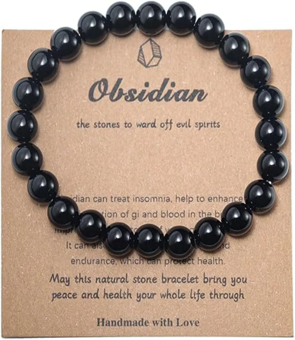 Natural Handmade 8mm Stone Beaded Gemstone Crystal Adjustable Rope Bangle Anxiety Stress Relief Bracelets Birthday Couple Friendship Jewelry for Women Men