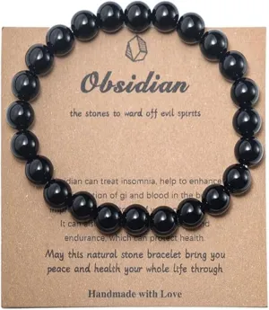 Natural Handmade 8mm Stone Beaded Gemstone Crystal Adjustable Rope Bangle Anxiety Stress Relief Bracelets Birthday Couple Friendship Jewelry for Women Men