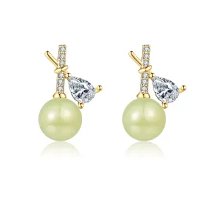 Natural Hetian Jade & Zircon Earrings for Women, Dainty Lucky Green Jade Leaf Charm Pendant Jewelry Studs, Handmade Ear Stud Earrings for Mom Lover Her (925 Sterling Silver with Gold Plated)
