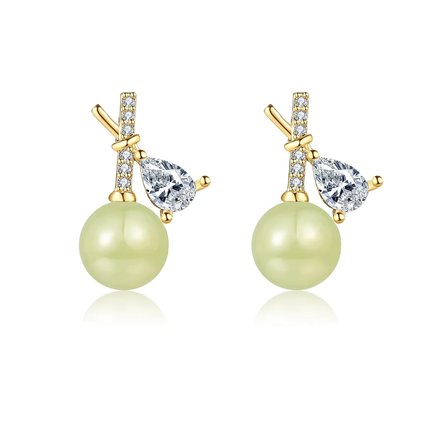 Natural Hetian Jade & Zircon Earrings for Women, Dainty Lucky Green Jade Leaf Charm Pendant Jewelry Studs, Handmade Ear Stud Earrings for Mom Lover Her (925 Sterling Silver with Gold Plated)