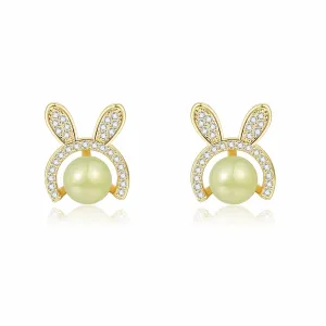 Natural Hetian Jade Earrings for Women, Rabbit Style Stud Earrings, Green Jade & Zircon Ear Jewelry Studs, Gold Jade Handmade Earrings for Mom Lover (925 Sterling Silver with Gold Plated)