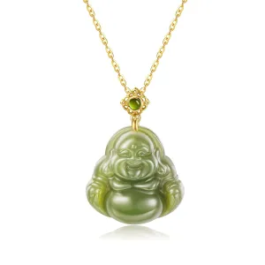 Natural Hetian Jade Happy Laughing Buddha Pendant Necklace for Women, Green Vintage Buddha Good Luck Jewelry Chain for Her Gift (925 Sterling Silver with Real Gold Plated)