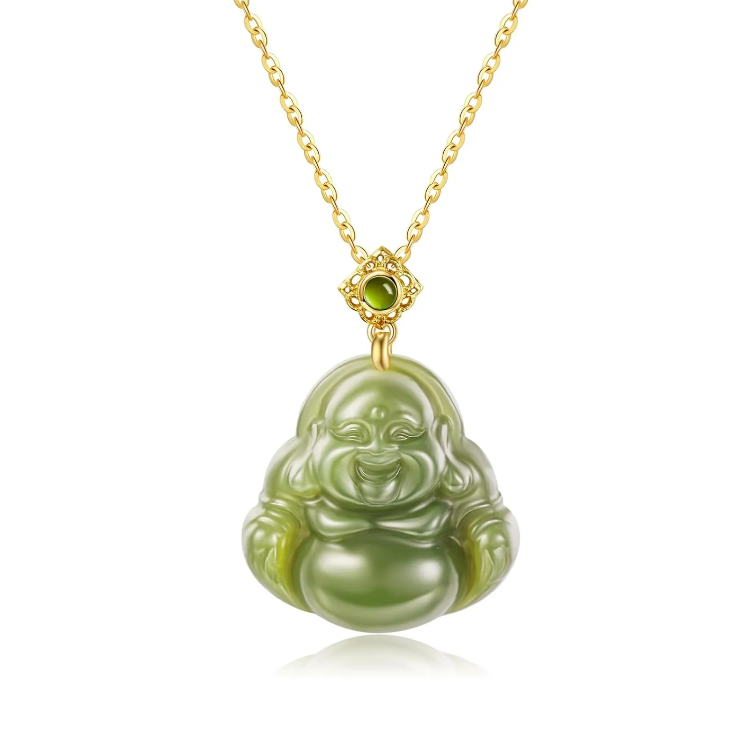 Natural Hetian Jade Happy Laughing Buddha Pendant Necklace for Women, Green Vintage Buddha Good Luck Jewelry Chain for Her Gift (925 Sterling Silver with Real Gold Plated)