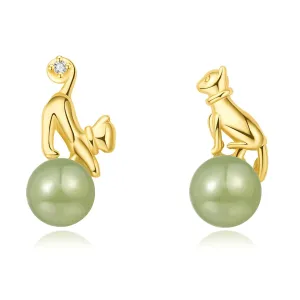 Natural Hetian Jade Stud Earrings, Cat Shape Jade Pendant Earrings Jewelry for Women, Green Lucky Jade Jewelry Gift for Mom Lover Her (925 Sterling Silver with Gold Plated)