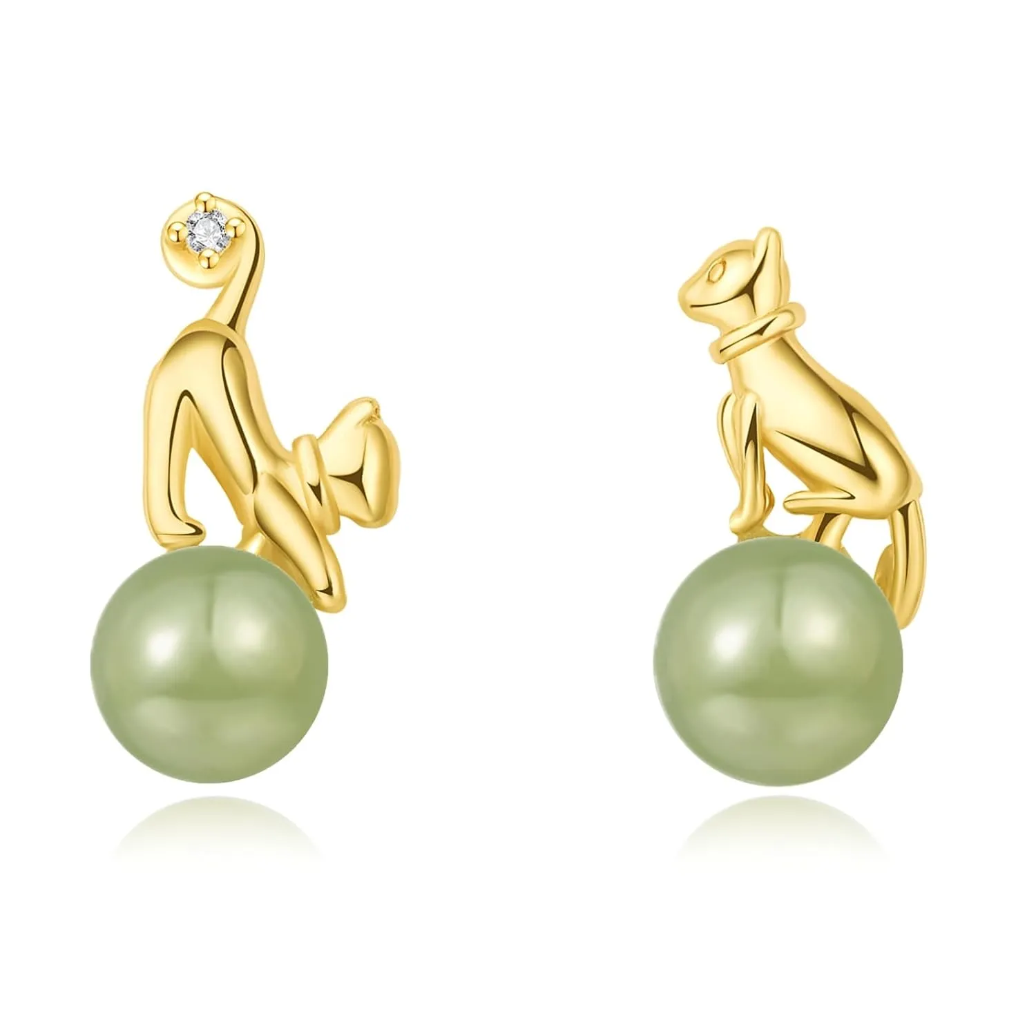 Natural Hetian Jade Stud Earrings, Cat Shape Jade Pendant Earrings Jewelry for Women, Green Lucky Jade Jewelry Gift for Mom Lover Her (925 Sterling Silver with Gold Plated)