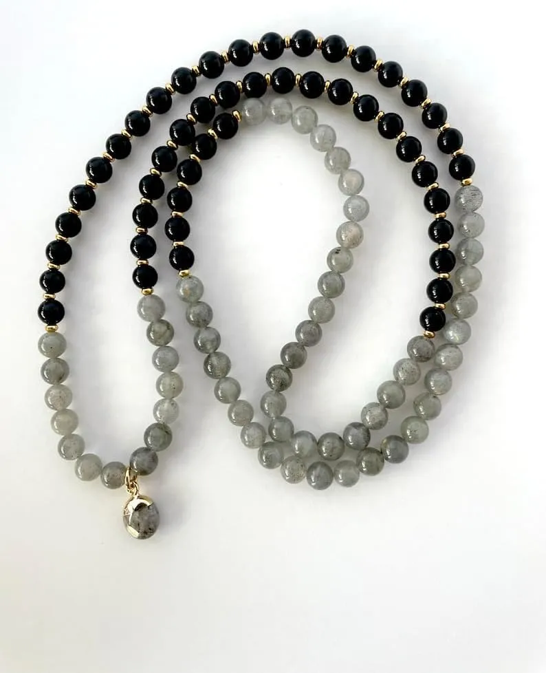 Natural Labradorite and black Onyx 6mm 108 Mala Beads, Spiritual, Meditation Beads, Reiki, Japa Mala, Buddhist Prayer Beads, Yoga Bracelet, healing beads LKMALA-RRGU-2525