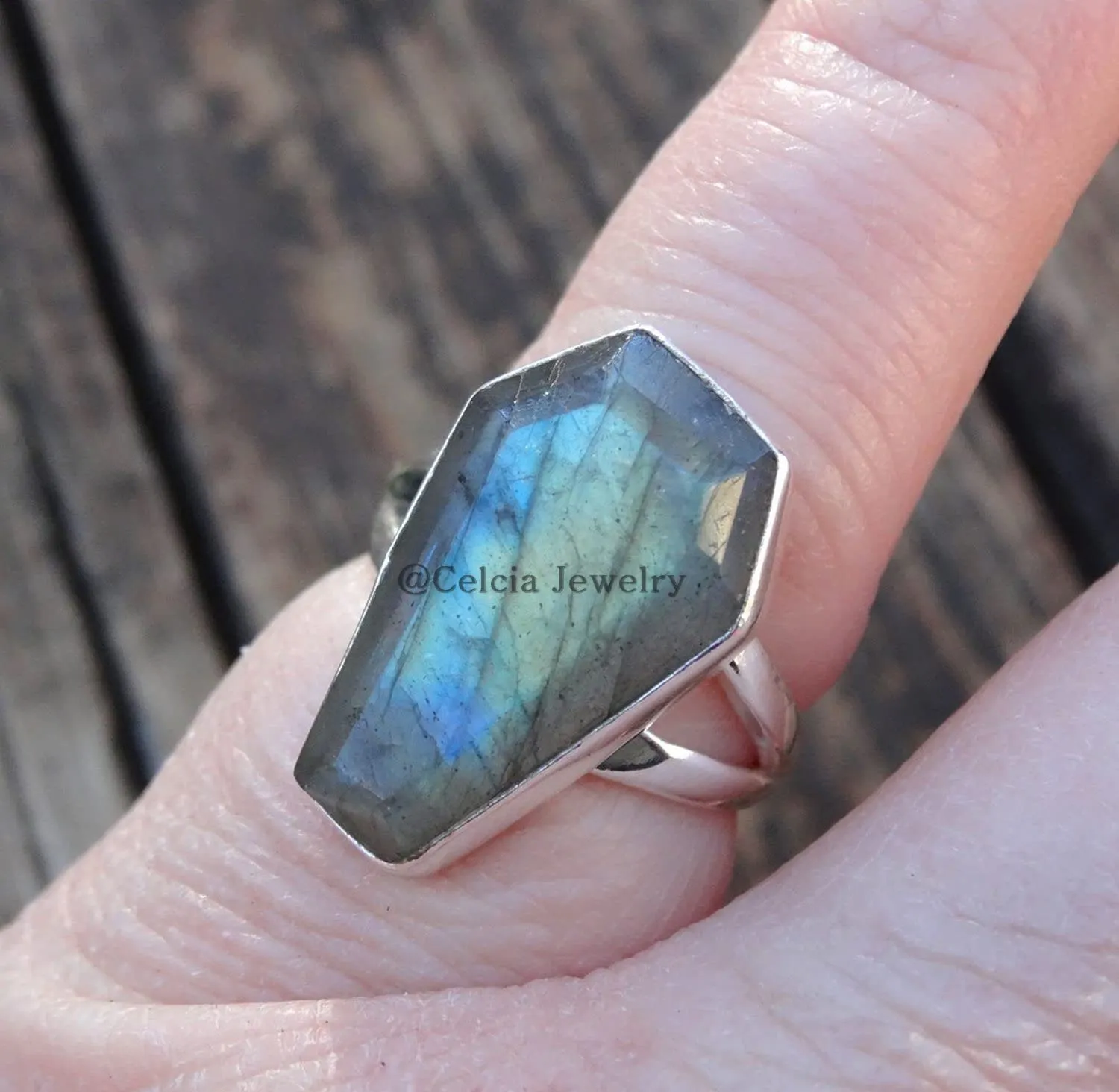 Natural Labradorite Blue Fire Gemstone Coffin Ring, Genuine 925 Sterling Silver, Wedding Ring, Statement Rings, Promise Ring, Friendship Gifts, Couples Gifts (US Ring size 7)