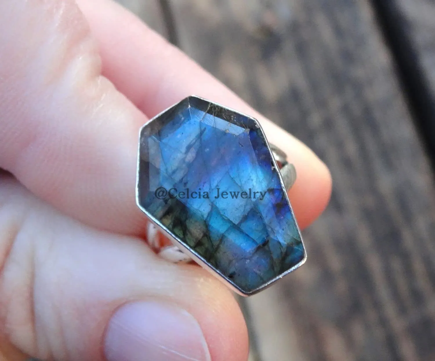 Natural Labradorite Blue Fire Gemstone Coffin Ring, Genuine 925 Sterling Silver, Wedding Ring, Statement Rings, Promise Ring, Friendship Gifts, Couples Gifts (US Ring size 7)