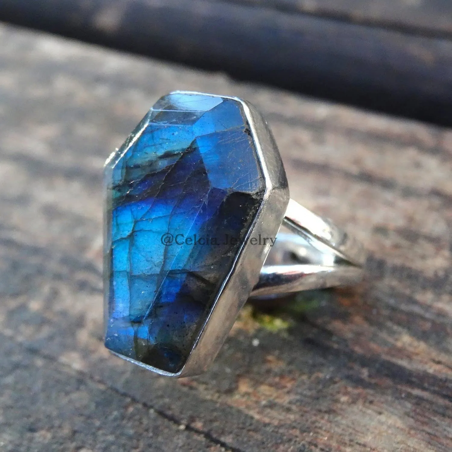 Natural Labradorite Blue Fire Gemstone Coffin Ring, Genuine 925 Sterling Silver, Wedding Ring, Statement Rings, Promise Ring, Friendship Gifts, Couples Gifts (US Ring size 7)