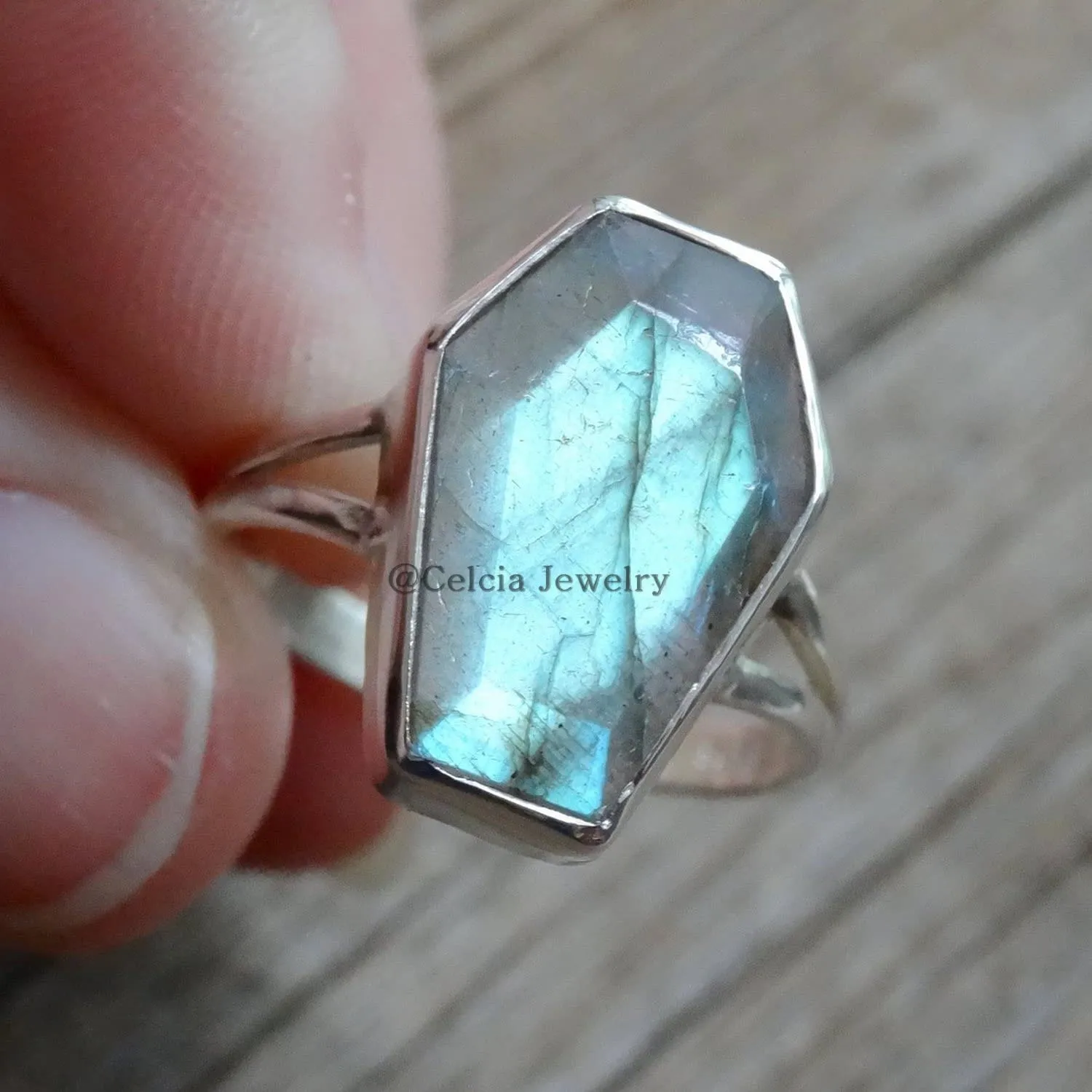 Natural Labradorite Blue Fire Gemstone Coffin Ring, Genuine 925 Sterling Silver, Wedding Ring, Statement Rings, Promise Ring, Friendship Gifts, Couples Gifts (US Ring size 7)