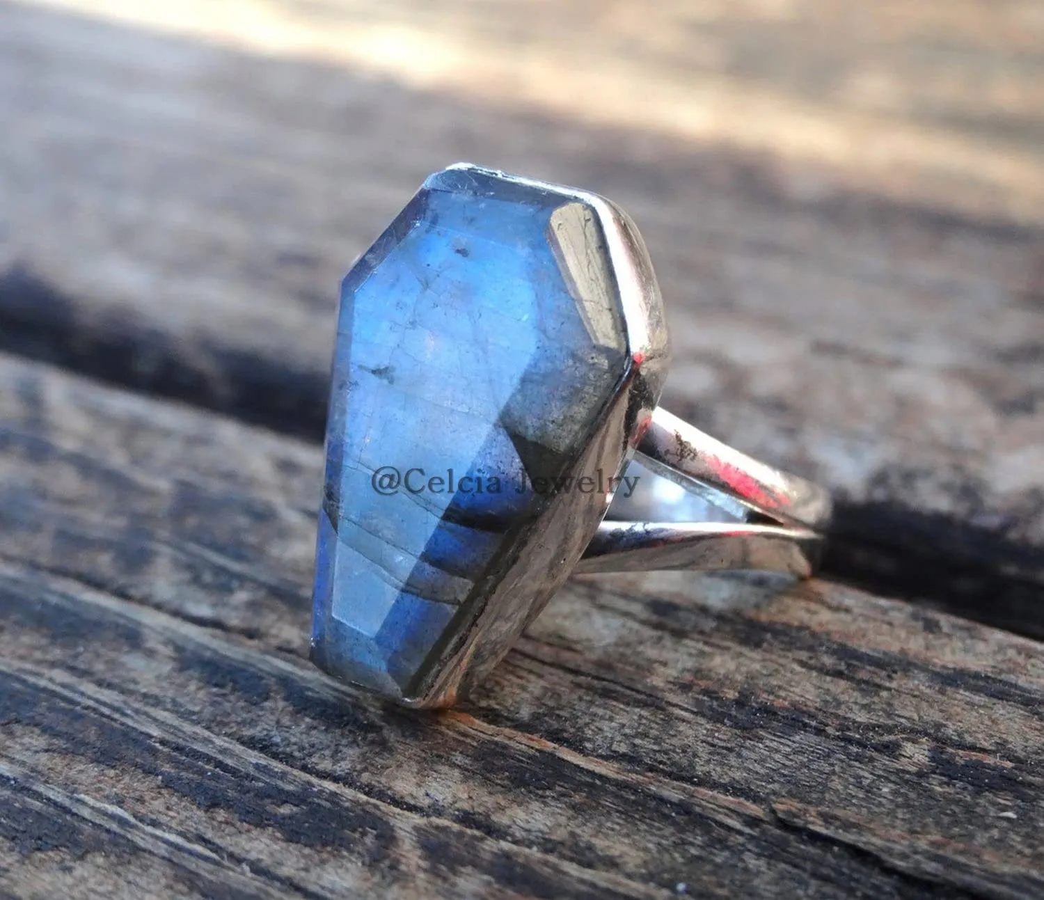 Natural Labradorite Blue Fire Gemstone Coffin Ring, Genuine 925 Sterling Silver, Wedding Ring, Statement Rings, Promise Ring, Friendship Gifts, Couples Gifts (US Ring size 7)