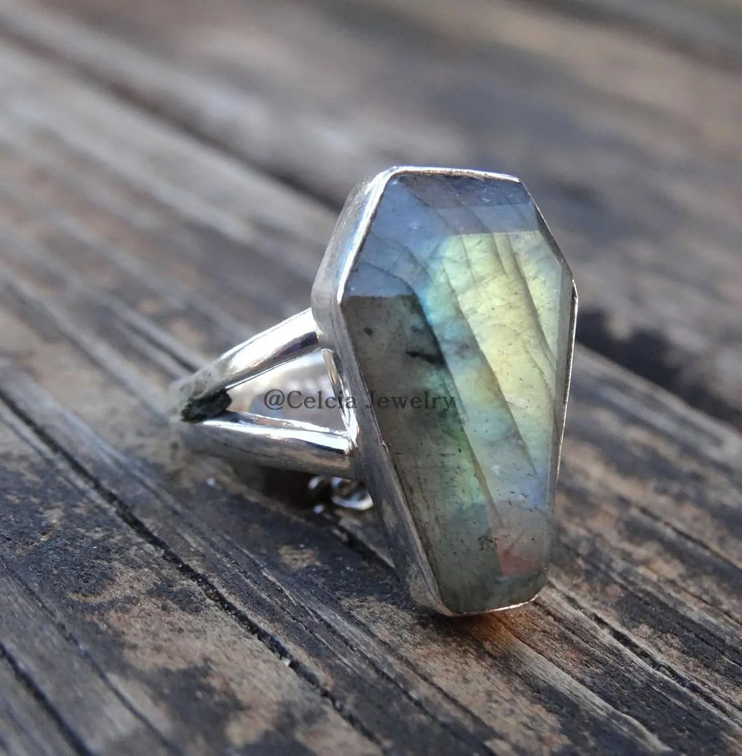 Natural Labradorite Blue Fire Gemstone Coffin Ring, Genuine 925 Sterling Silver, Wedding Ring, Statement Rings, Promise Ring, Friendship Gifts, Couples Gifts (US Ring size 7)