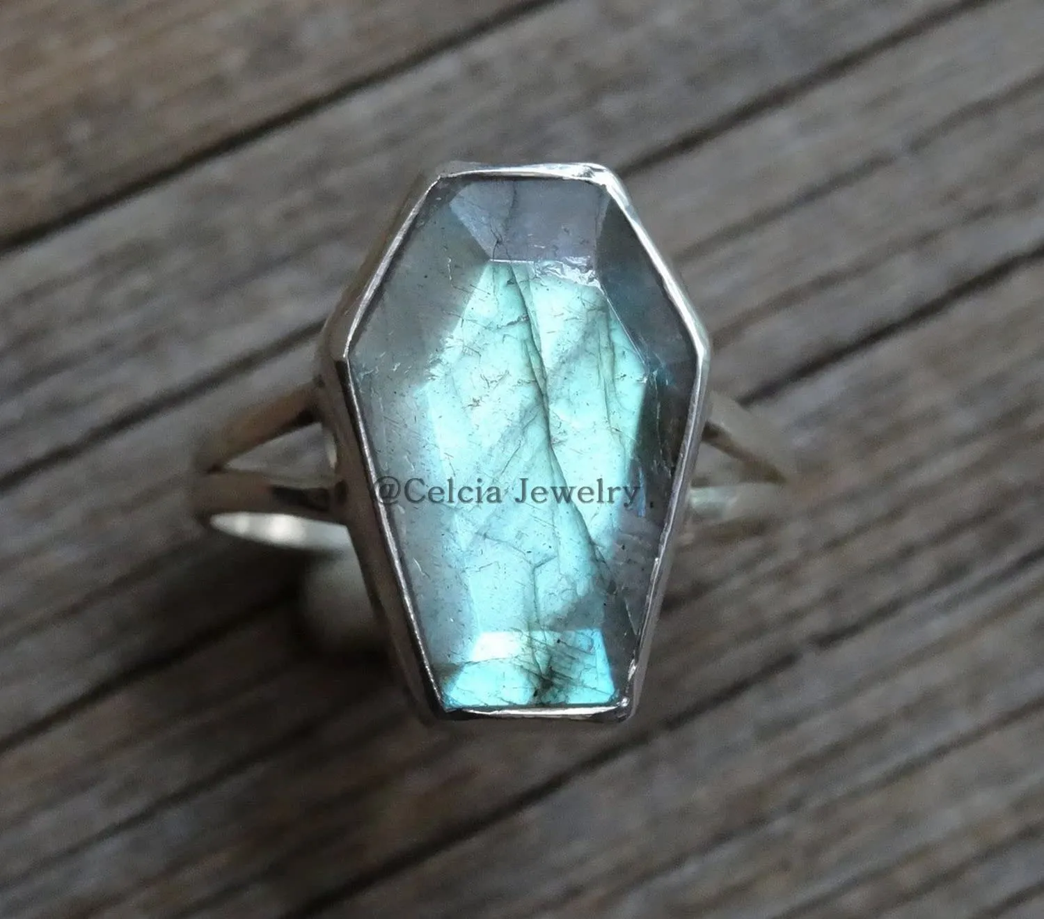 Natural Labradorite Blue Fire Gemstone Coffin Ring, Genuine 925 Sterling Silver, Wedding Ring, Statement Rings, Promise Ring, Friendship Gifts, Couples Gifts (US Ring size 7)
