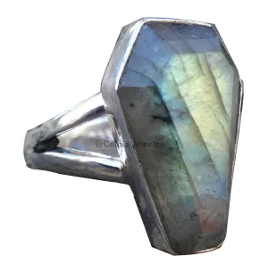 Natural Labradorite Blue Fire Gemstone Coffin Ring, Genuine 925 Sterling Silver, Wedding Ring, Statement Rings, Promise Ring, Friendship Gifts, Couples Gifts (US Ring size 7)