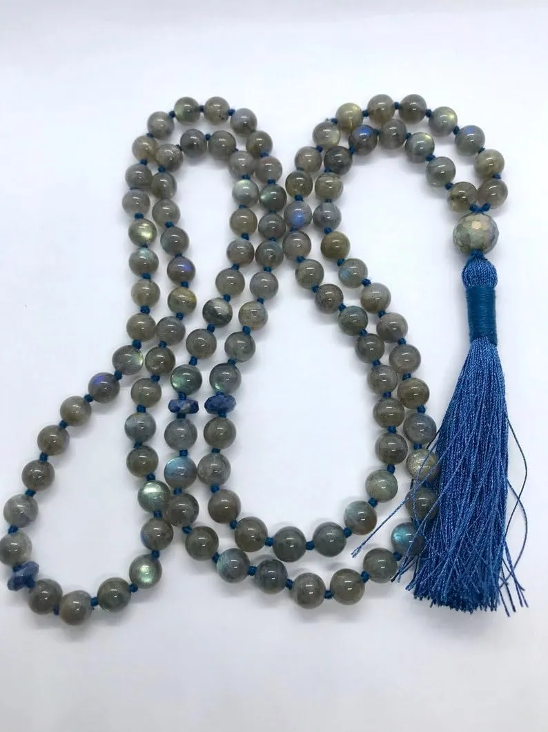 Natural Labradorite,Sapphire 8mm-12mm 108 Mala Beads, Spiritual, Meditation Beads, Reiki, Japa Mala, Buddhist Prayer Beads, Yoga Bracelet, healing beads LKMALA-RRGU-997