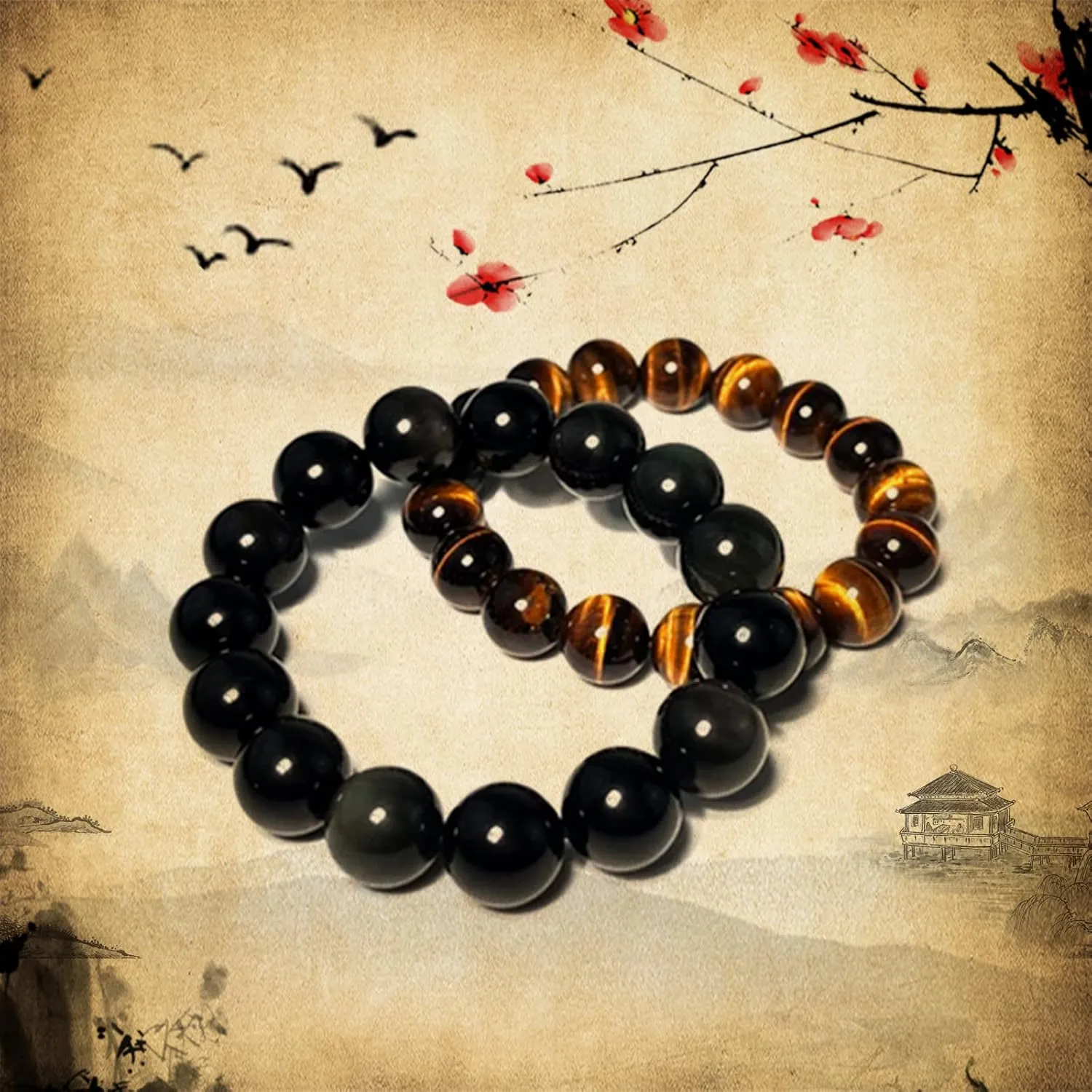 Natural obsidian crystal bracelet,Tigers eye black obsidian 10/12/13mm beads bracelet for men and women, Jewelry Healing elasticized Bracelets Bring Luck and happyness Prosperity.Mom/Dad/Wife/Employee gift