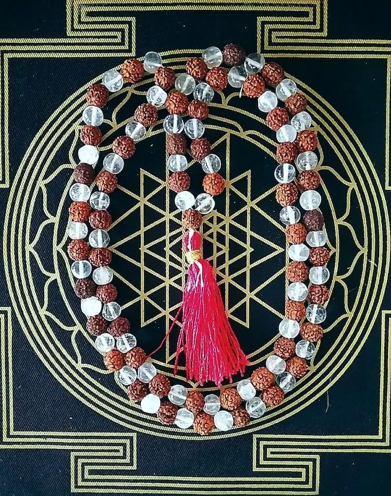 Natural Rudraksha Japa Mala With CRYSTAL Beads 8mm 108 Mala Beads, Spiritual, Meditation Beads, Reiki, Japa Mala, Buddhist Prayer Beads, Yoga Bracelet, healing beads LKMALA-RRGU-3073
