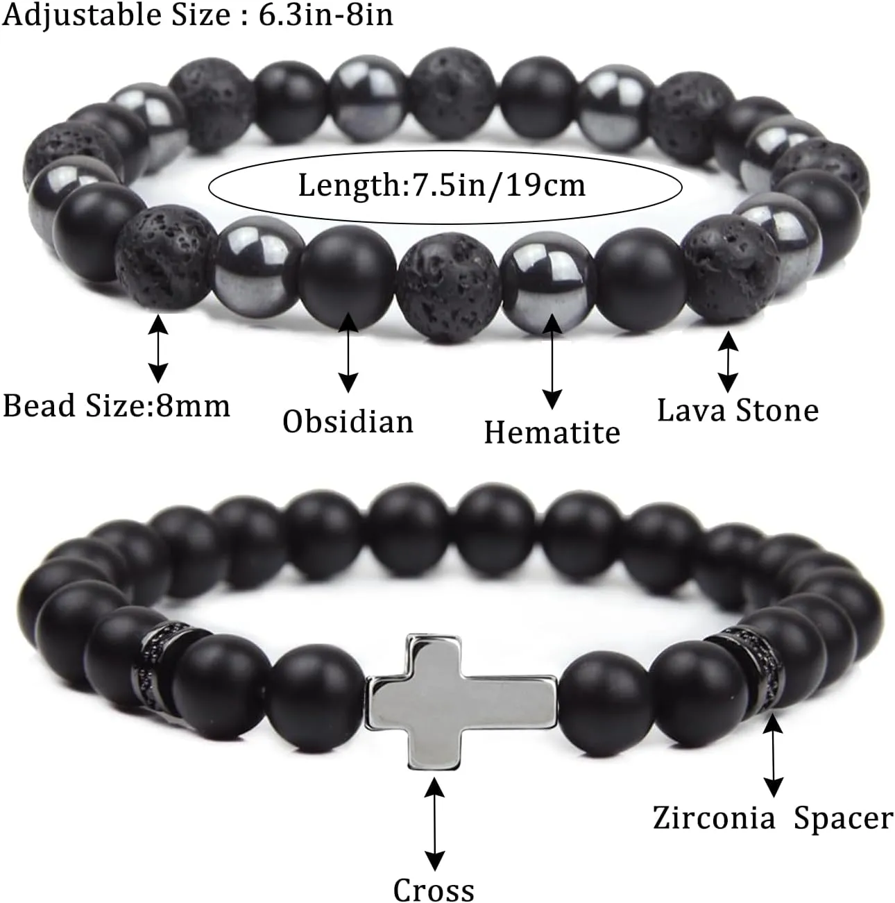 Natural Stone Bracelet 8mm Mens Black Beaded Bracelets Hematite Obsidian Onyx Lava Beads Bracelet Healing Crystal Bracelet for Men