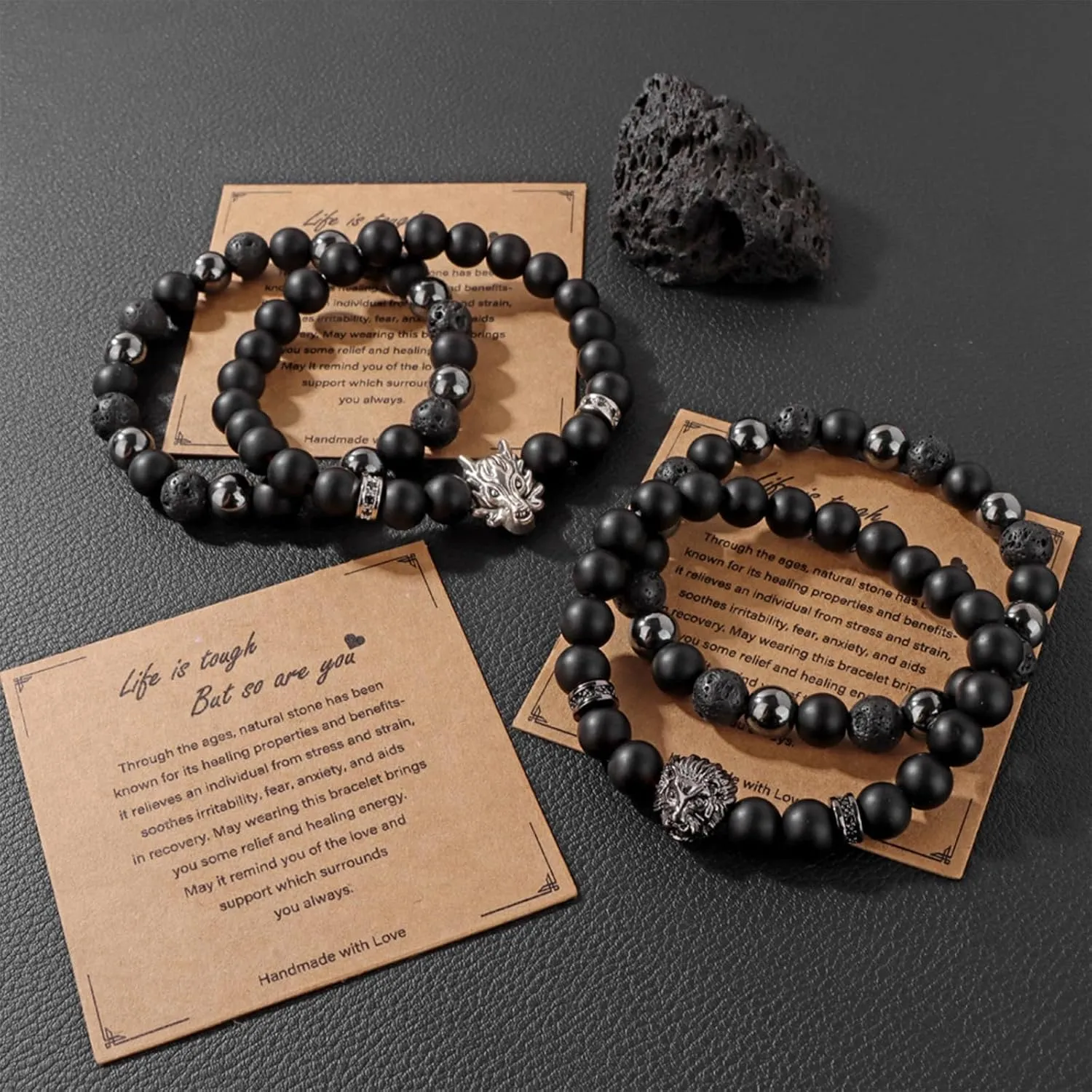 Natural Stone Bracelet 8mm Mens Black Beaded Bracelets Hematite Obsidian Onyx Lava Beads Bracelet Healing Crystal Bracelet for Men