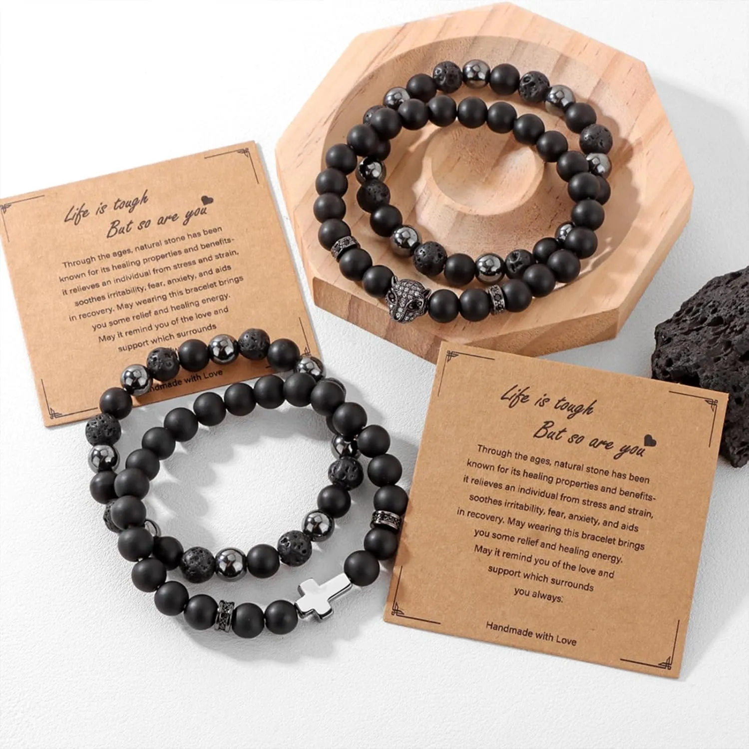 Natural Stone Bracelet 8mm Mens Black Beaded Bracelets Hematite Obsidian Onyx Lava Beads Bracelet Healing Crystal Bracelet for Men