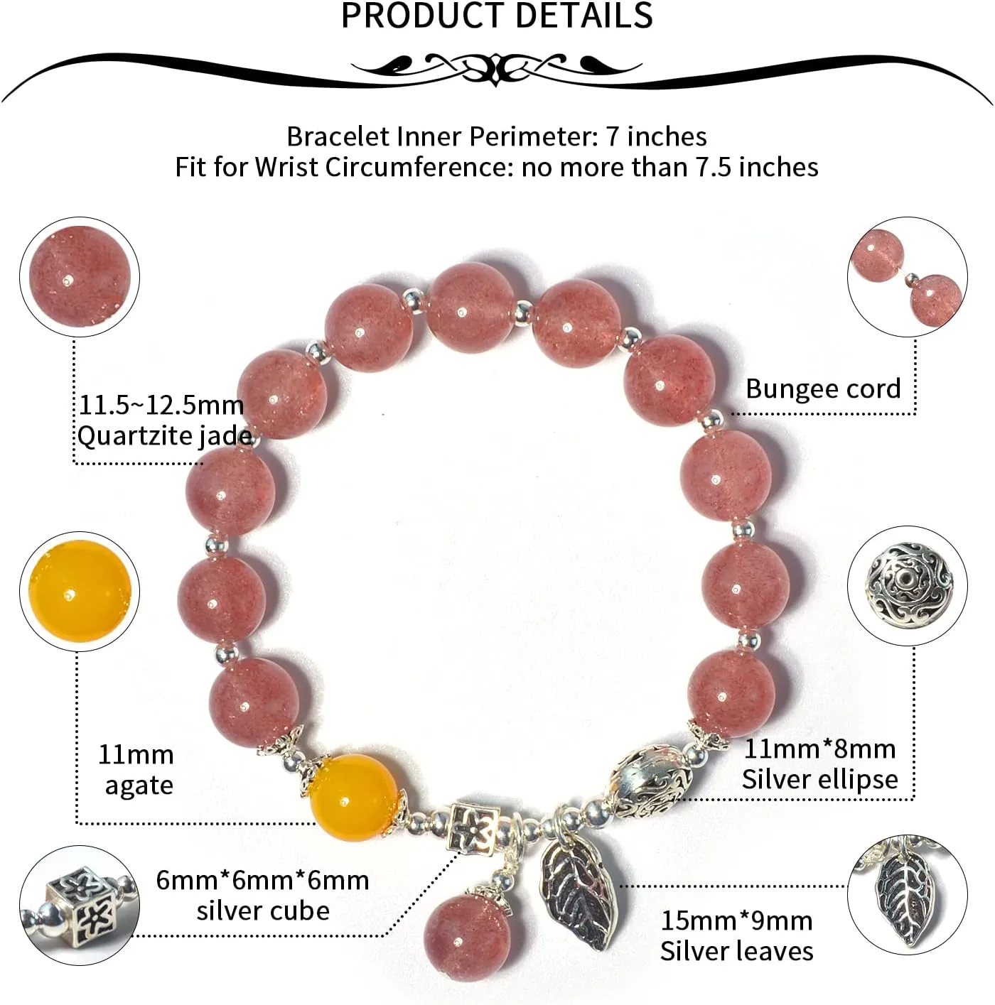 Natural Strawberry crystal/Sunstone Feldspar/Amethyst Bracelet10mm Beads bracelet for Men&women,Jewelry Healing elasticized Bracelets Bring Luck and happyness Prosperity.Mom/Dad/Wife/Employee gift
