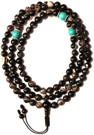 Natural Tibetan Black Agate, turquoise 8mm 108 Mala Beads, Spiritual, Meditation Beads, Reiki, Japa Mala, Buddhist Prayer Beads, Yoga Bracelet, healing beads LKMALA-RRGU-972