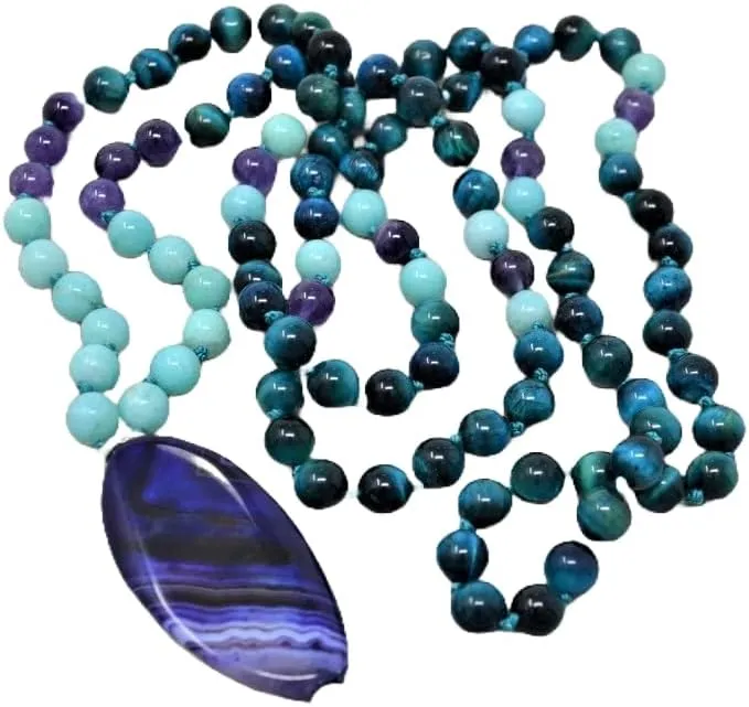 Natural Tiger Eye, Amazonite, Amethyst 8mm-8x3mm 108 Mala Beads, Spiritual, Meditation Beads, Reiki, Japa Mala, Buddhist Prayer Beads, Yoga Bracelet, healing beads LKMALA-RRGU-357