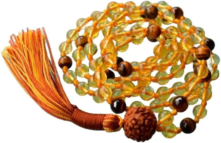 Natural Tiger Eye,Citrine, rudraksh 8mm 108 Mala Beads, Spiritual, Meditation Beads, Reiki, Japa Mala, Buddhist Prayer Beads, Yoga Bracelet, healing beads LKMALA-RRGU-1891
