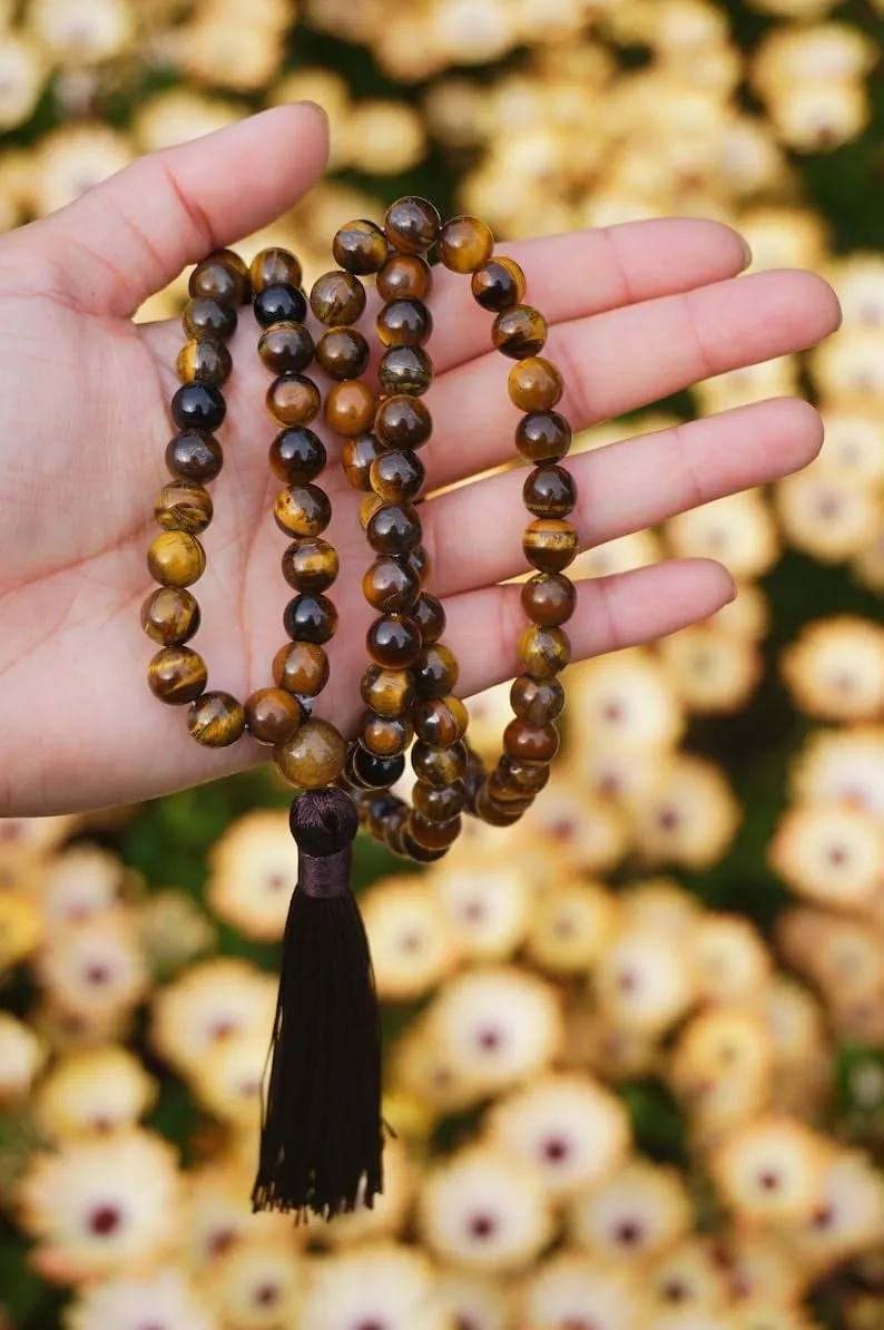 Natural Tiger's Eye 8mm 108 Mala Beads, Spiritual, Meditation Beads, Reiki, Japa Mala, Buddhist Prayer Beads, Yoga Bracelet, healing beads LKMALA-RRGU-3707