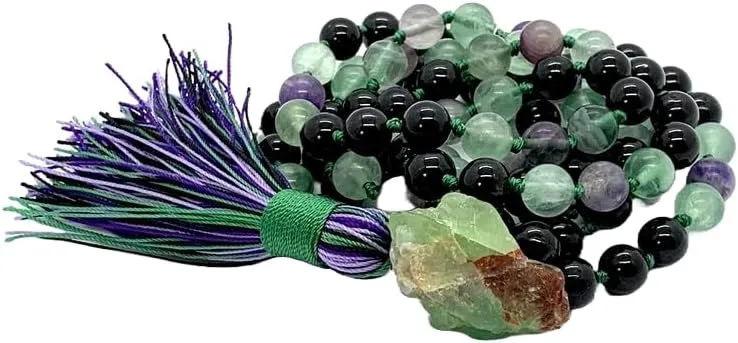 Natural Tourmaline and Fluorite 8mm 108 Mala Beads, Spiritual, Meditation Beads, Reiki, Japa Mala, Buddhist Prayer Beads, Yoga Bracelet, healing beads LKMALA-RRGU-1711