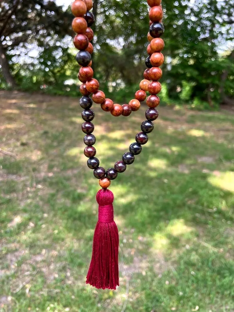 Natural wood beads and Obsidian 8mm 108 Mala Beads, Spiritual, Meditation Beads, Reiki, Japa Mala, Buddhist Prayer Beads, Yoga Bracelet, healing beads LKMALA-RRGU-1236
