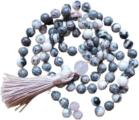 Natural Zebra Jasper 8mm 108 Mala Beads, Spiritual, Meditation Beads, Reiki, Japa Mala, Buddhist Prayer Beads, Yoga Bracelet, healing beads LKMALA-RRGU-2963, 34 inch, grey