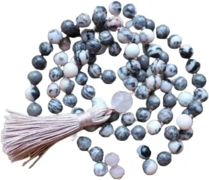Natural Zebra Jasper 8mm 108 Mala Beads, Spiritual, Meditation Beads, Reiki, Japa Mala, Buddhist Prayer Beads, Yoga Bracelet, healing beads LKMALA-RRGU-2963, 34 inch, grey