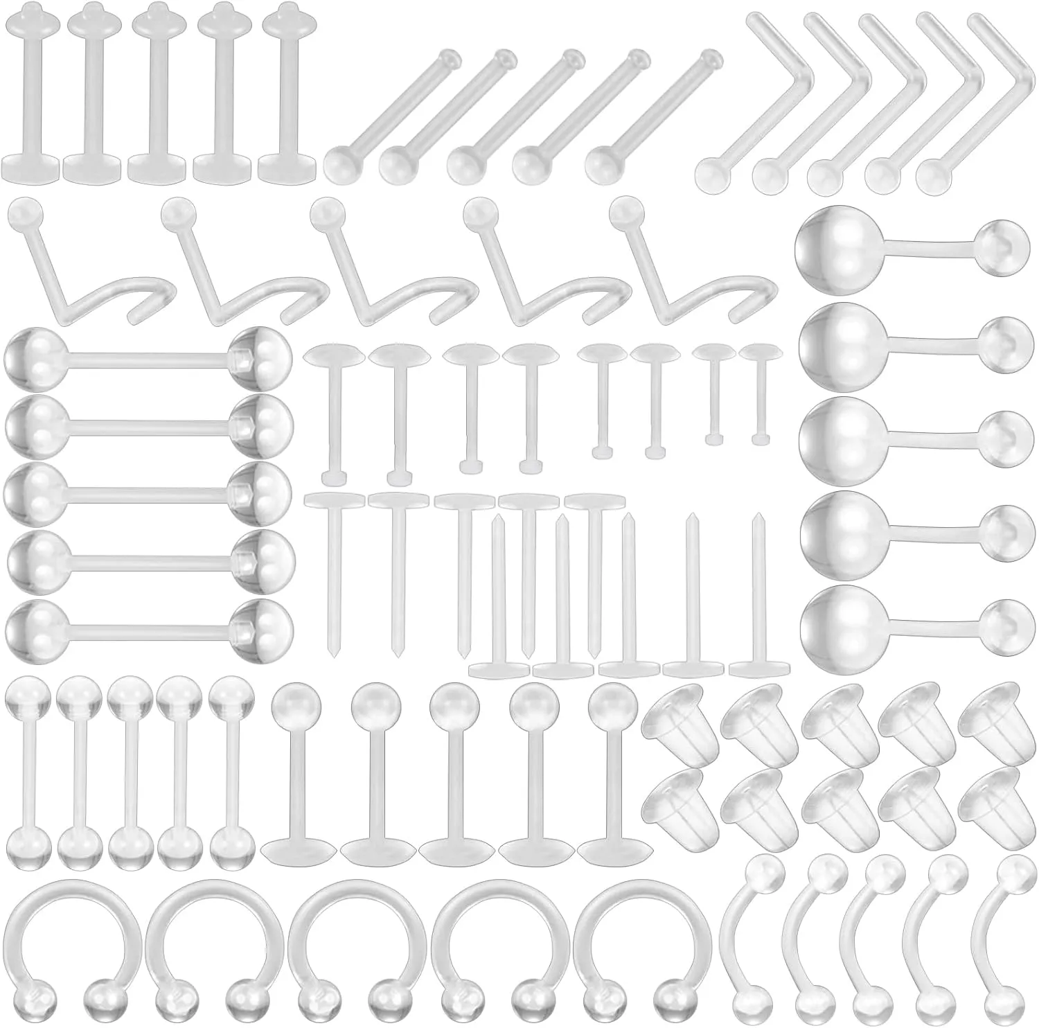 NEWITIN 78 Pieces Clear Piercing Retainers for Surgery Clear Nose Studs Nose Rings for Work Plastic Pierced Jewelry Piercing Kit for Nipple Tongue Septum Eyebrow Belly