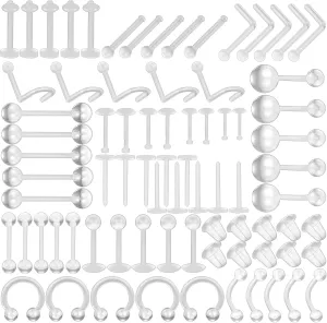 NEWITIN 78 Pieces Clear Piercing Retainers for Surgery Clear Nose Studs Nose Rings for Work Plastic Pierced Jewelry Piercing Kit for Nipple Tongue Septum Eyebrow Belly