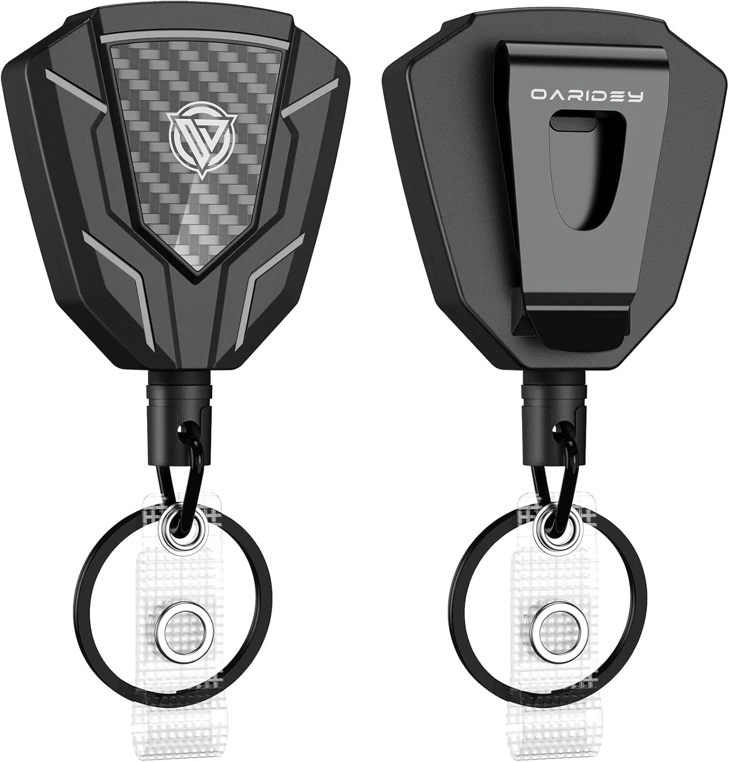 Oaridey Heavy Duty Retractable Keychain with Belt Clip, Retractable Badge Holders with Carbon Fiber Front, Badge Reels Retractable with Key Ring and 31.8 Steel Cord, 9oz Rebound - 2 Pack