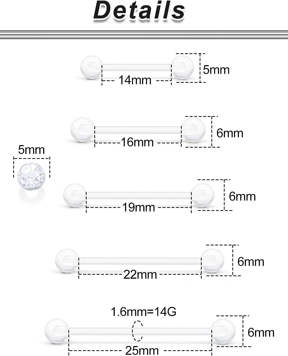 Ocptiy 14mm-38mm 14G Clear Plastic Nipple Tongue Ring Industrial Earrings for Surgery Pregnancy Belly Button Ring Bioflex Flexible Acrylic Straight Barbells Piercing Jewelry Retainer for Work Sport