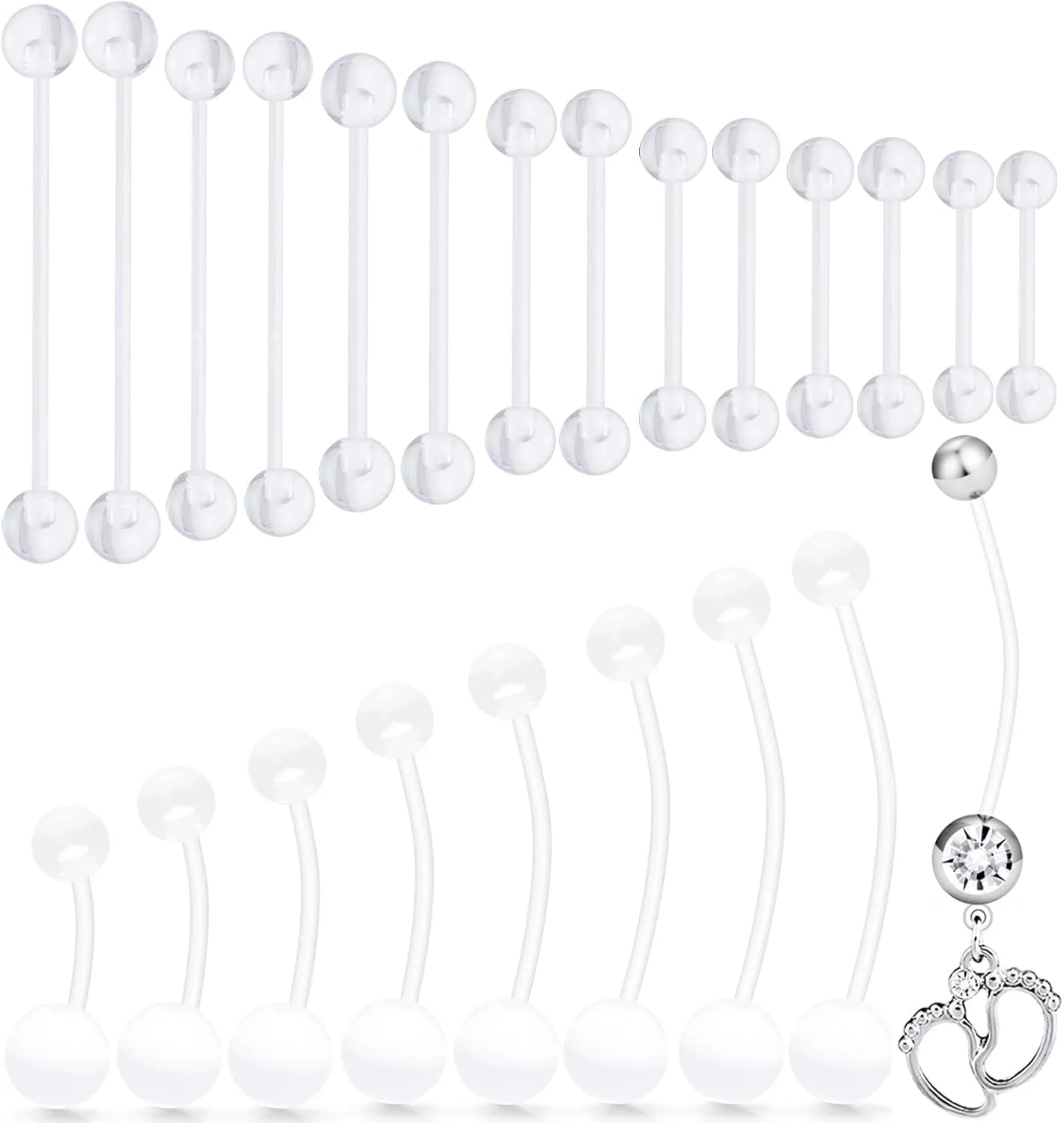 Ocptiy 14mm-38mm 14G Clear Plastic Nipple Tongue Ring Industrial Earrings for Surgery Pregnancy Belly Button Ring Bioflex Flexible Acrylic Straight Barbells Piercing Jewelry Retainer for Work Sport