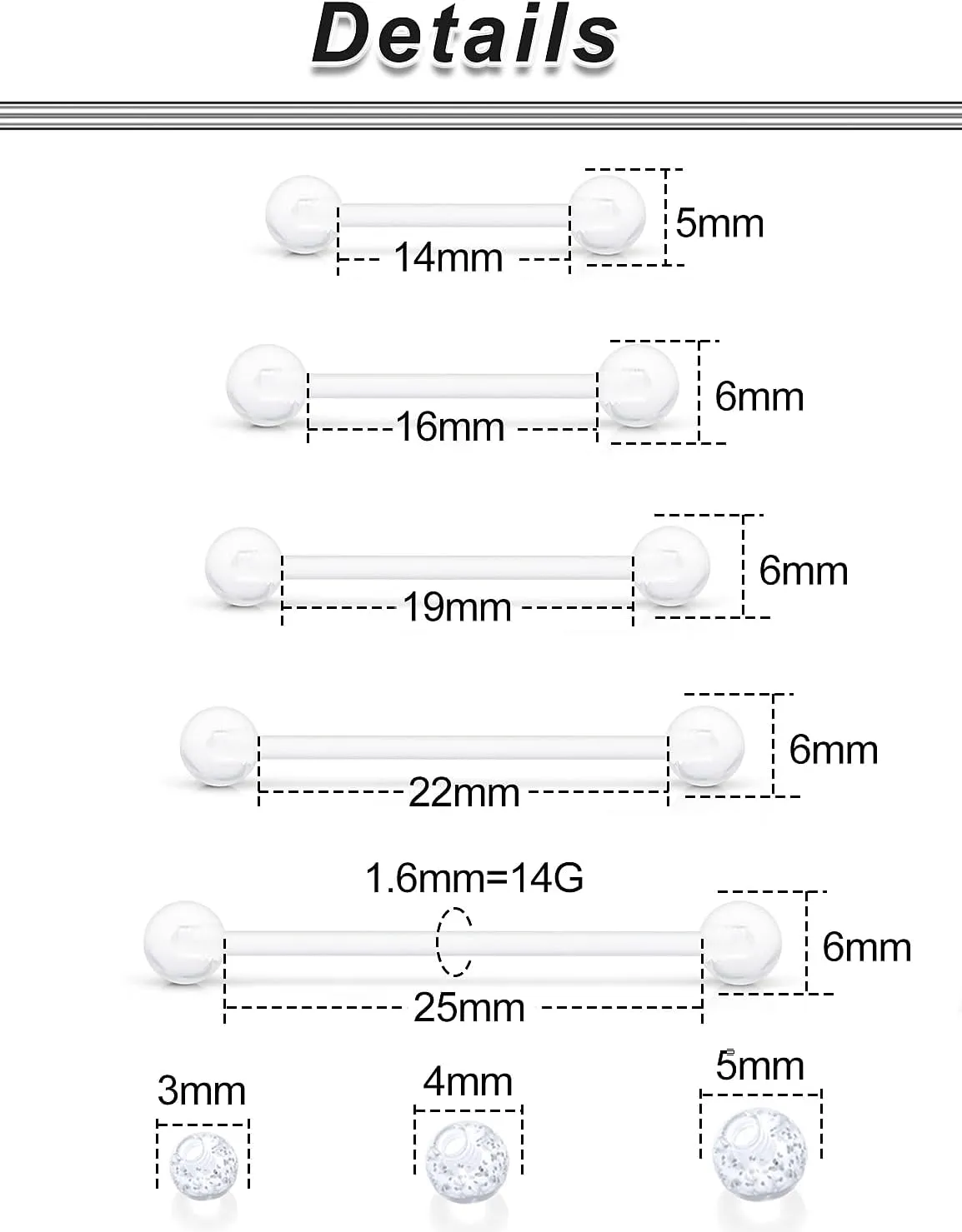 Ocptiy 14mm-38mm 14G Clear Plastic Nipple Tongue Ring Industrial Earrings for Surgery Pregnancy Belly Button Ring Bioflex Flexible Acrylic Straight Barbells Piercing Jewelry Retainer for Work Sport