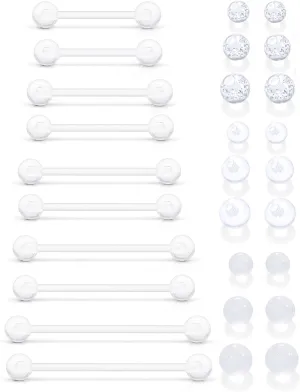 Ocptiy 14mm-38mm 14G Clear Plastic Nipple Tongue Ring Industrial Earrings for Surgery Pregnancy Belly Button Ring Bioflex Flexible Acrylic Straight Barbells Piercing Jewelry Retainer for Work Sport