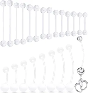 Ocptiy 14mm-38mm 14G Clear Plastic Nipple Tongue Ring Industrial Earrings for Surgery Pregnancy Belly Button Ring Bioflex Flexible Acrylic Straight Barbells Piercing Jewelry Retainer for Work Sport