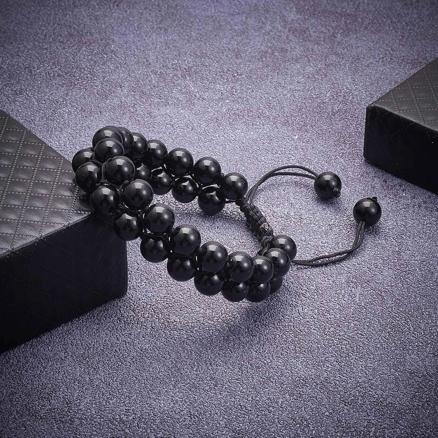 Ornaland Triple Protection Bracelet 8mm Natural Obsidian Braided Bead Bracelet Double Layer Gemstone Beaded Bracelet Adjustable Bracelet for Men Women
