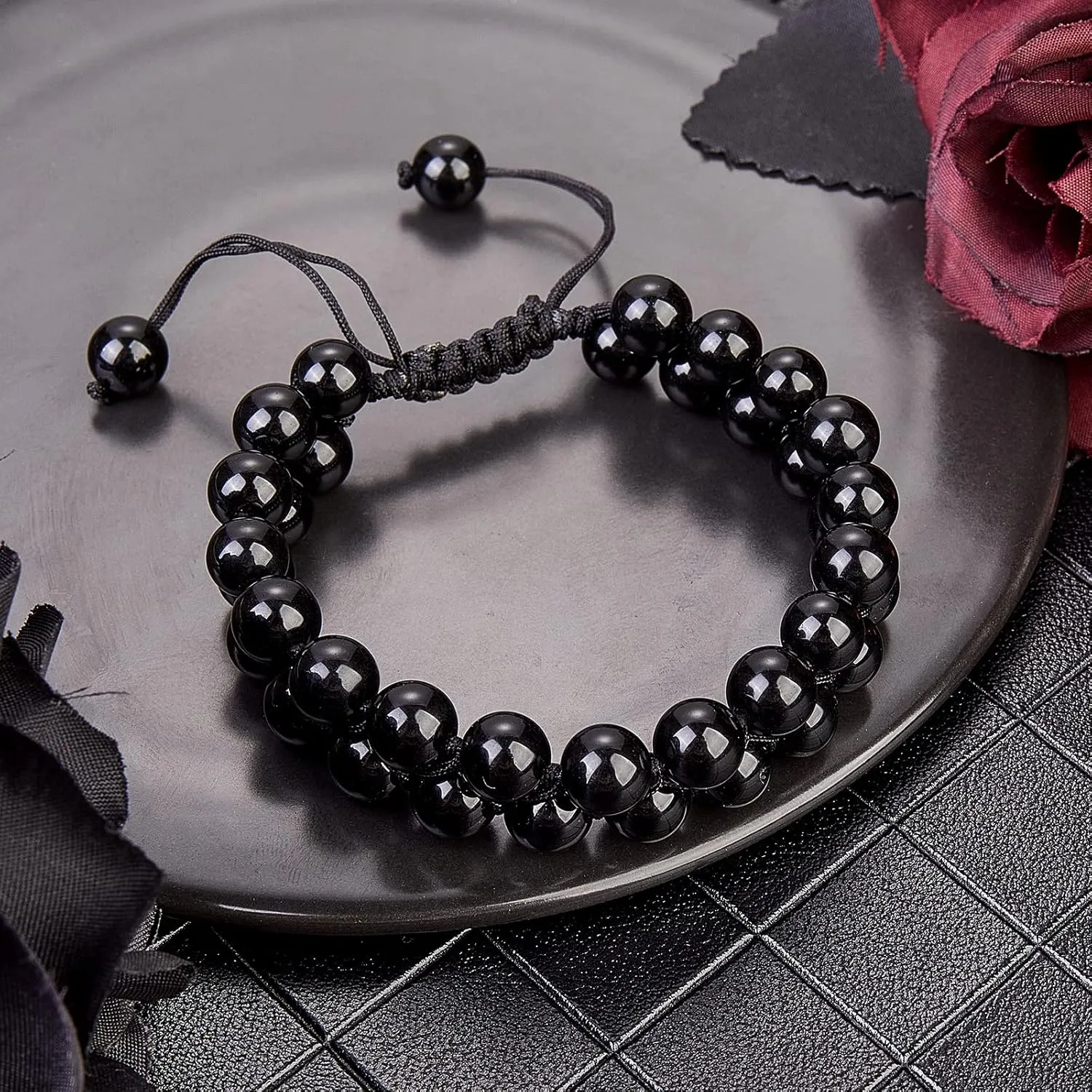 Ornaland Triple Protection Bracelet 8mm Natural Obsidian Braided Bead Bracelet Double Layer Gemstone Beaded Bracelet Adjustable Bracelet for Men Women
