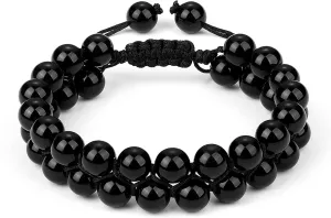 Ornaland Triple Protection Bracelet 8mm Natural Obsidian Braided Bead Bracelet Double Layer Gemstone Beaded Bracelet Adjustable Bracelet for Men Women